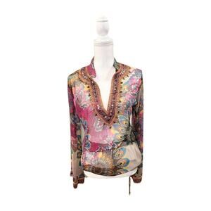 New Monique Leshman Embellished Silk Boho Blouse, Small